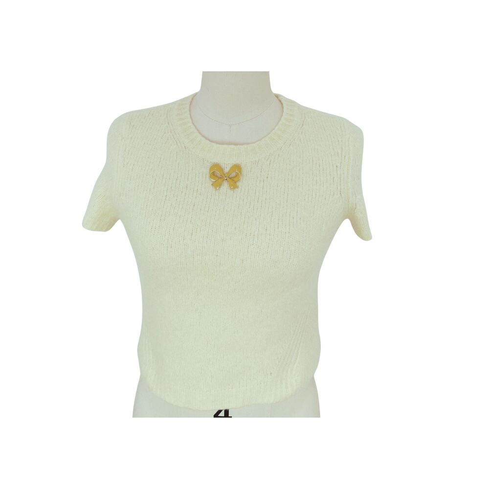 Womens Upcycled Yellow Wool Cashmere Short Sleeve Sweater with Vintage Bow